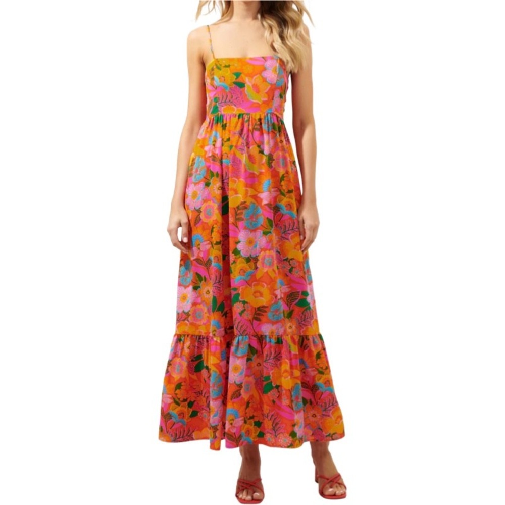 SUGARLIPS NWT Idalia Tie Back Floral Maxi Dress Tiered Orange XS Vacation Resort